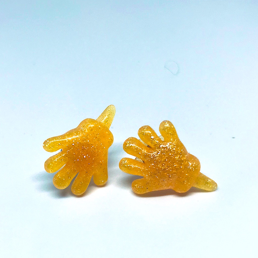 Orange Glitter Sticky Hand Resin Kawaii Hand Crafted Stud Earrings